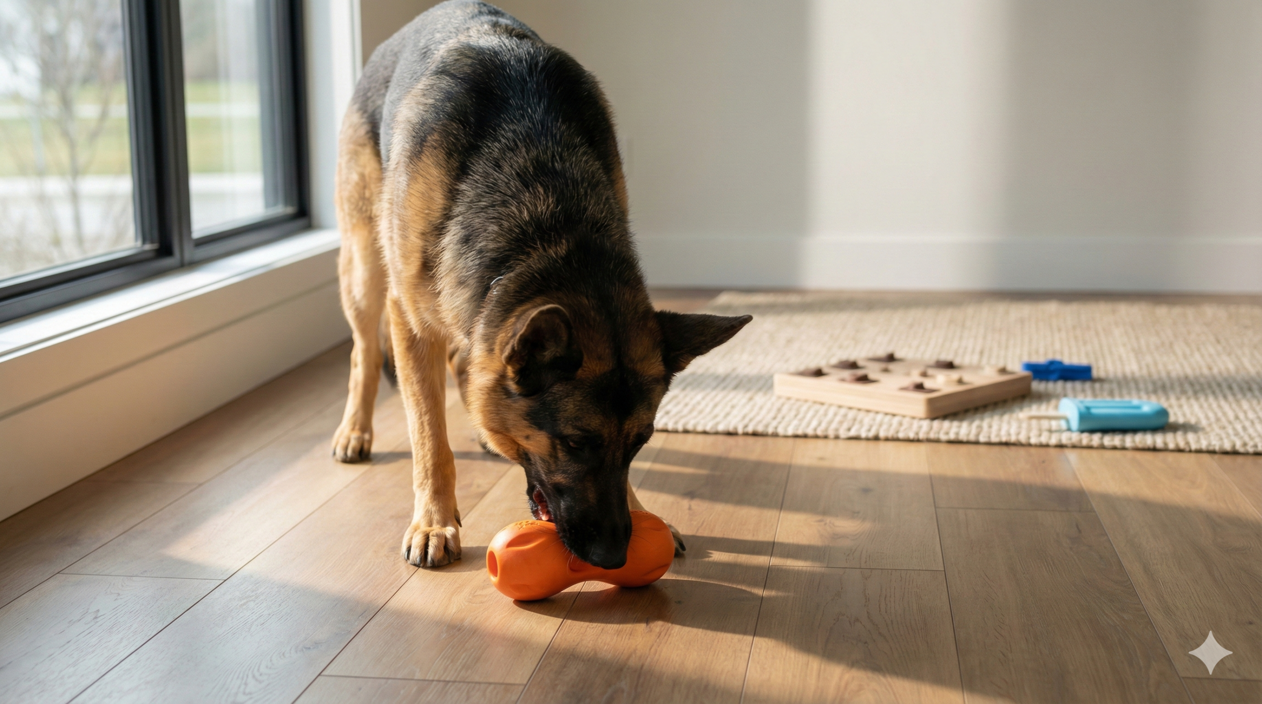 German Shepherd solving a West Paw Qwizl toy with Nina Ottosson and Woof Pupsicle toys in background