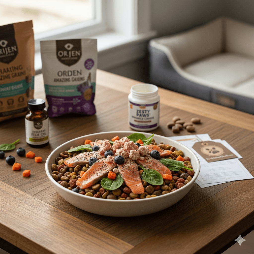 A curated selection of premium dog health products including Orijen puppy food, Stella & Chewy's meal mixers, and a Bedsure orthopedic bed, representing 2026 canine wellness trends.
