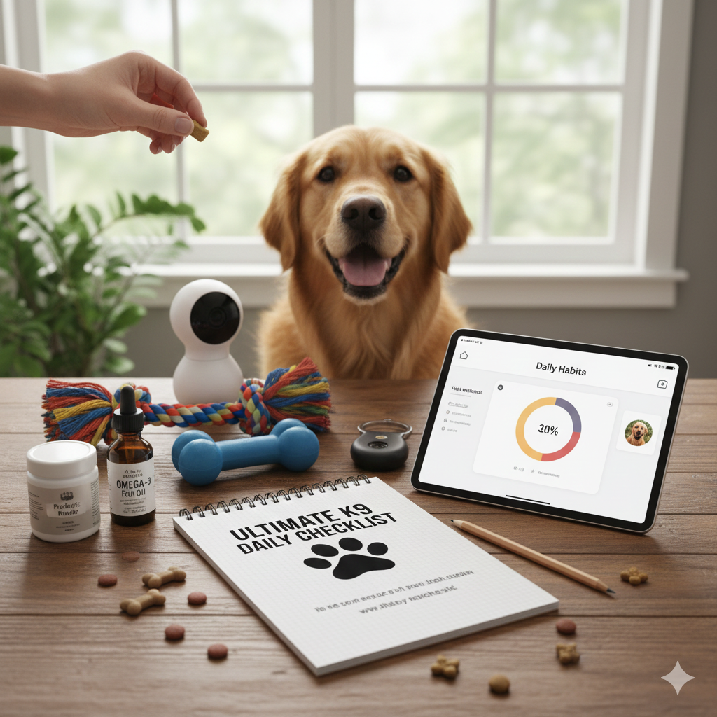 Everyday Dog Care A Golden Retriever sitting near a wooden table displaying dog training gear, a product review checklist, and a digital tablet in a warm, sunlit living room.