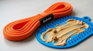 Dog Training & Behavior A coiled orange Biothane long line training leash next to a blue silicone dog lick mat covered in smooth peanut butter on a light gray surface.