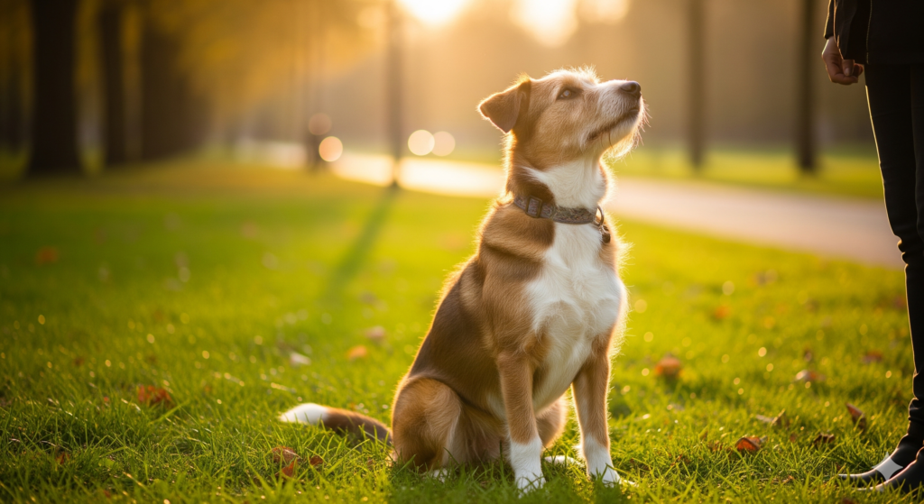 Happy mixed-breed dog sitting calmly in a park looking at owner using service dog focus techniques