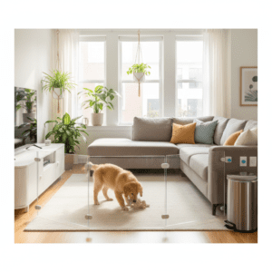 A Golden Retriever puppy sitting safely in a puppy-proofed living room with cord covers, pet gates, and durable chew toys.