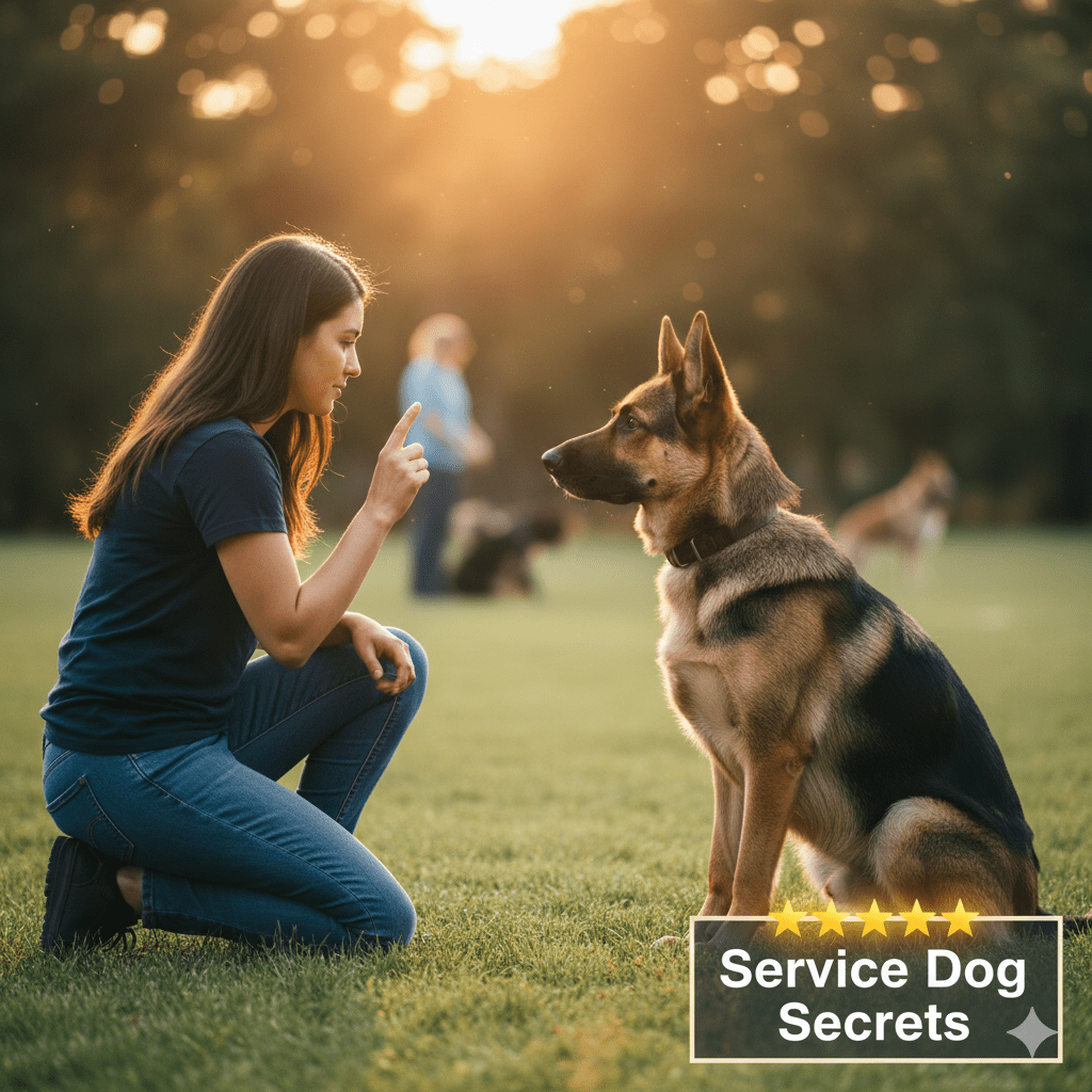 A professional dog trainer using hand signals to communicate with a focused German Shepherd in a park setting, demonstrating K9 Training Institute techniques.